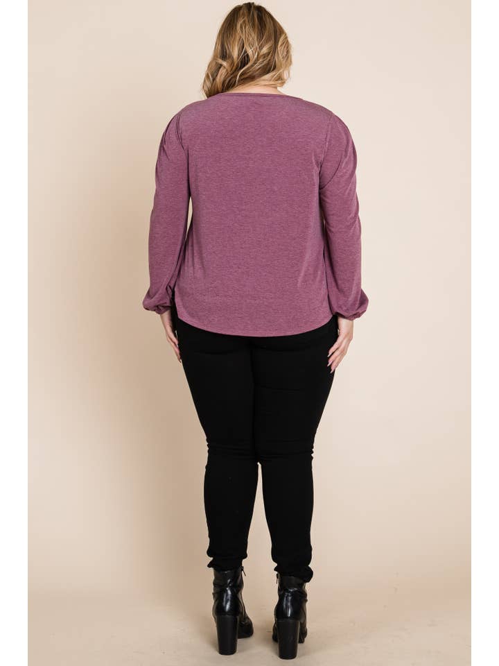Burgundy ETK-8883-PL Plus Size Solid TR Spandex Long Sleeve Top for wholesale on Faire5