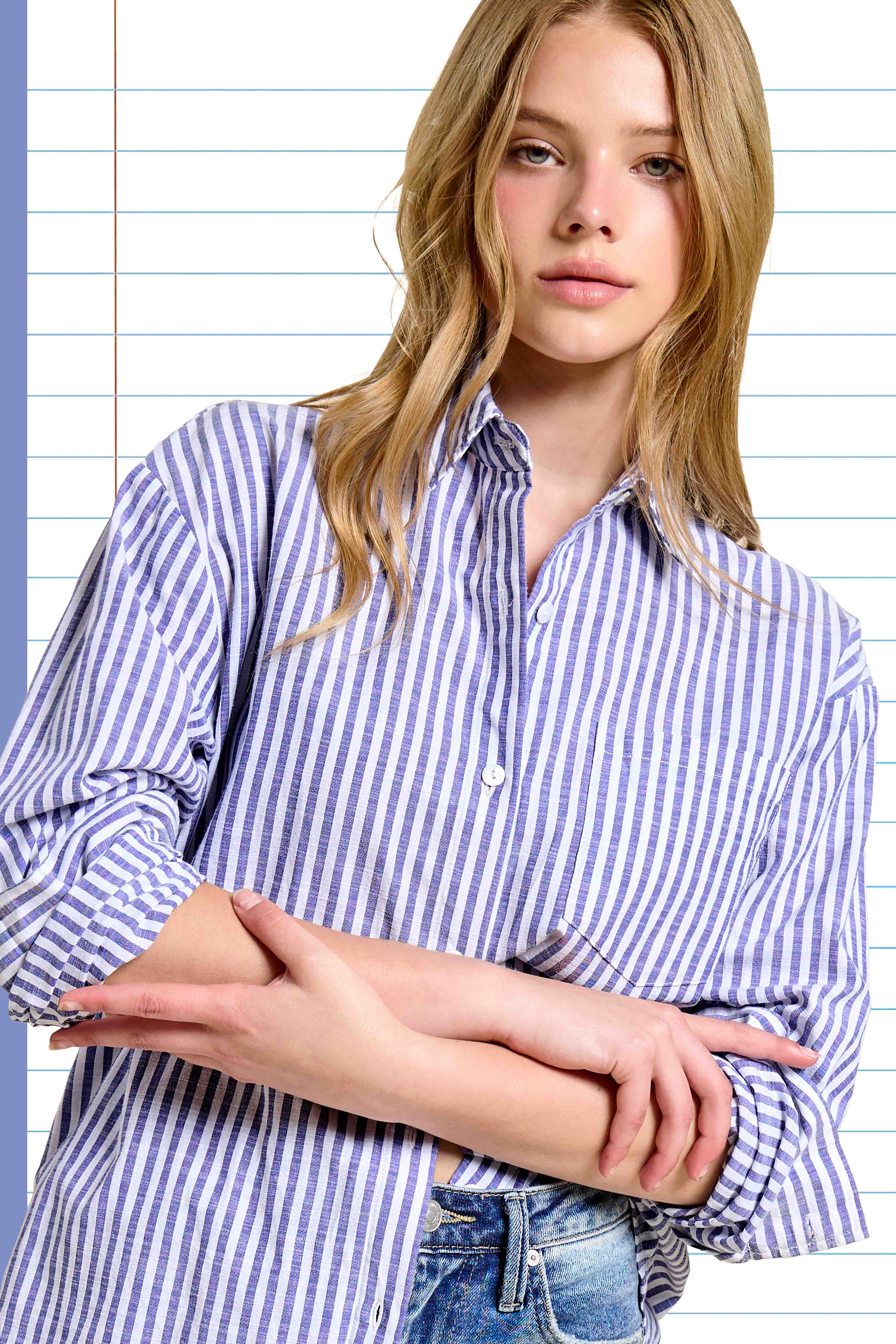 La Miel - Wholesale Button Down Shirt - Women's - SRT7903-Collared Contrast Stripe Button Down Shirt9