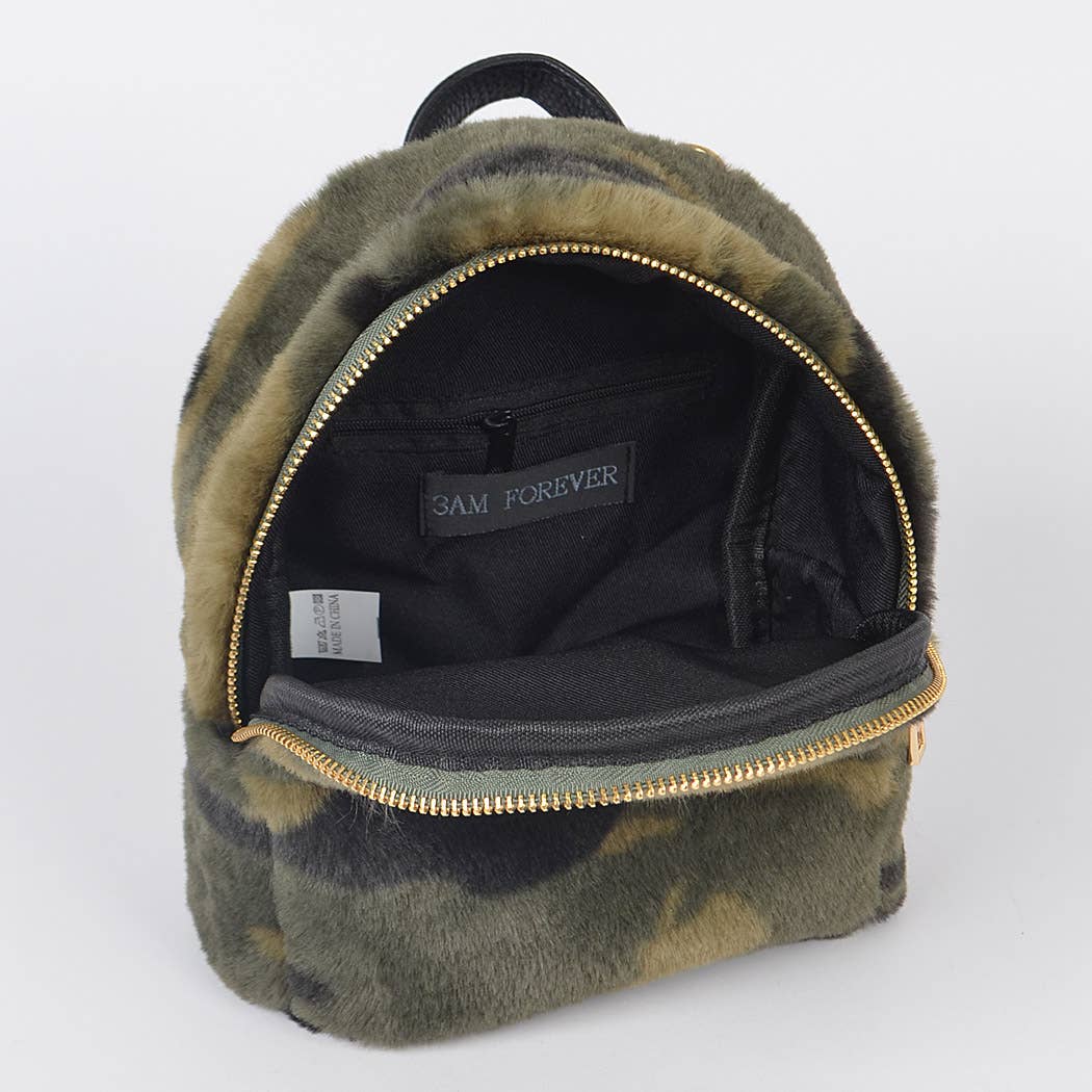 Olive Faux Fur Military-Inspired Backpack for wholesale on Faire1