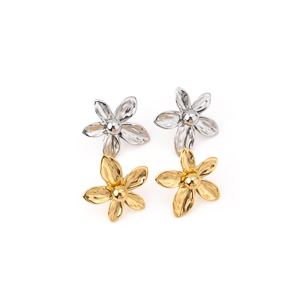 Silver Steel Flower Earring with texture for wholesale on Faire0