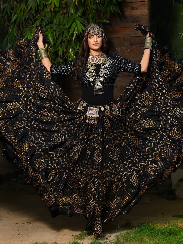 Block Print Skirt Faux Assuit Black Gold for wholesale by Senoritas Tribal Designs