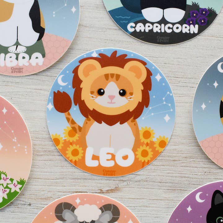 Chester and Pearl - Wholesale Sticker - Leo Zodiac 3-in. Vinyl Cat Sticker1