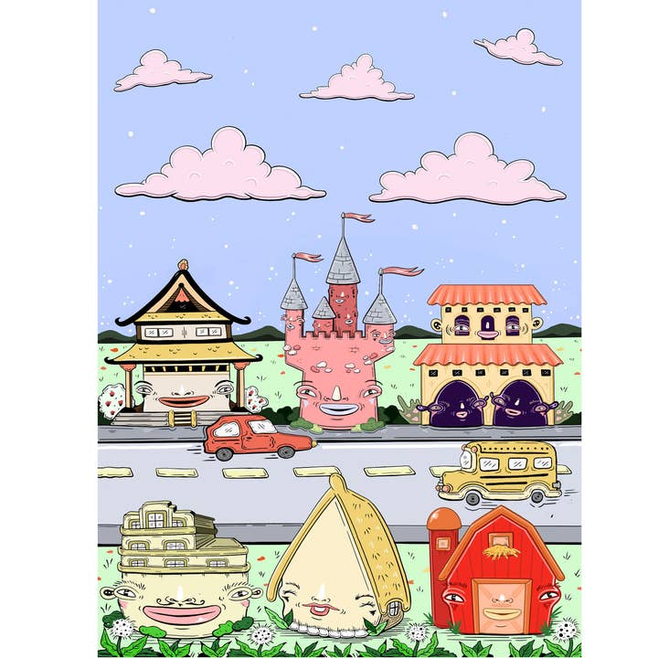 Impresión giclée de bellas artes Happy Houses, decoración caprichosa para el hogar para venta al por mayor de Danielle Arden O’Malley Art