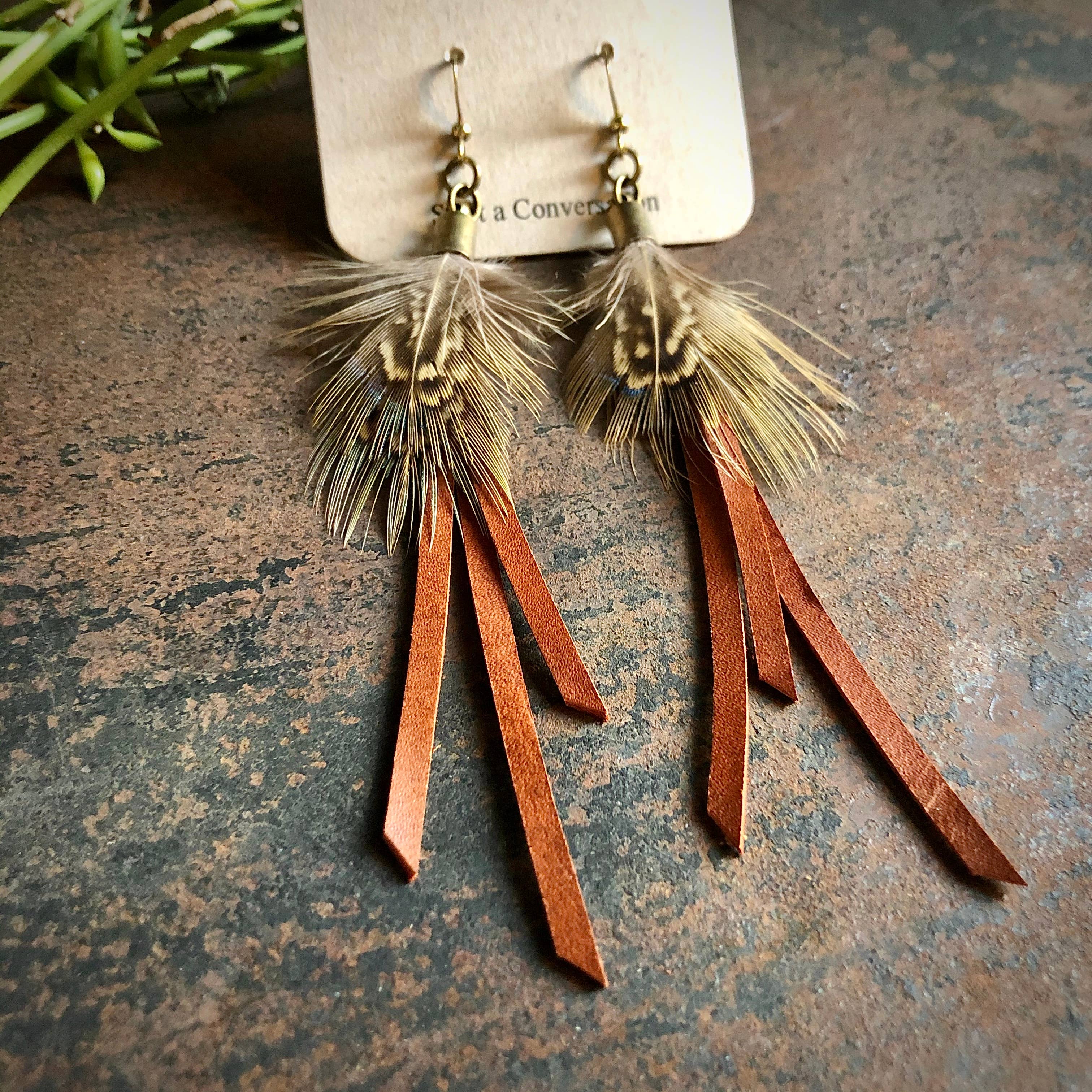 ASTALI – wholesale Tassel earrings – Feather Mini Earrings - Rust Leather & Pheasant Feathers2