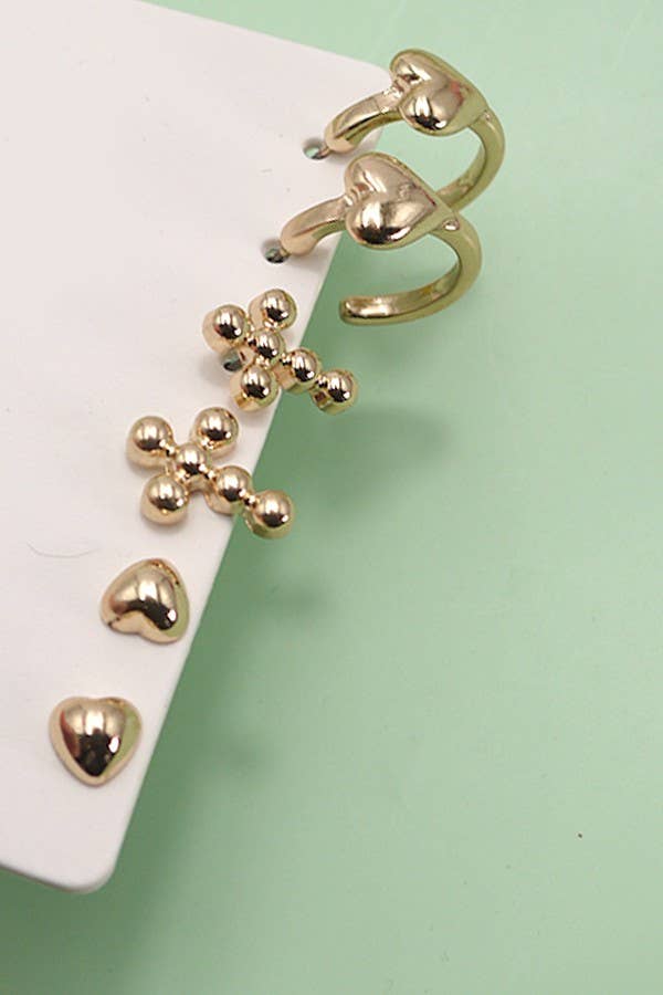 Gold HEART CROSS  HUGGIE HOOP TRIO EARRINGS | 80E3421 for wholesale on Faire1