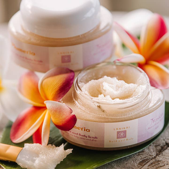 Plumeria Hawaiian Cane Sugar Body Scrub 4 oz. for wholesale by Lanikai Bath and Body