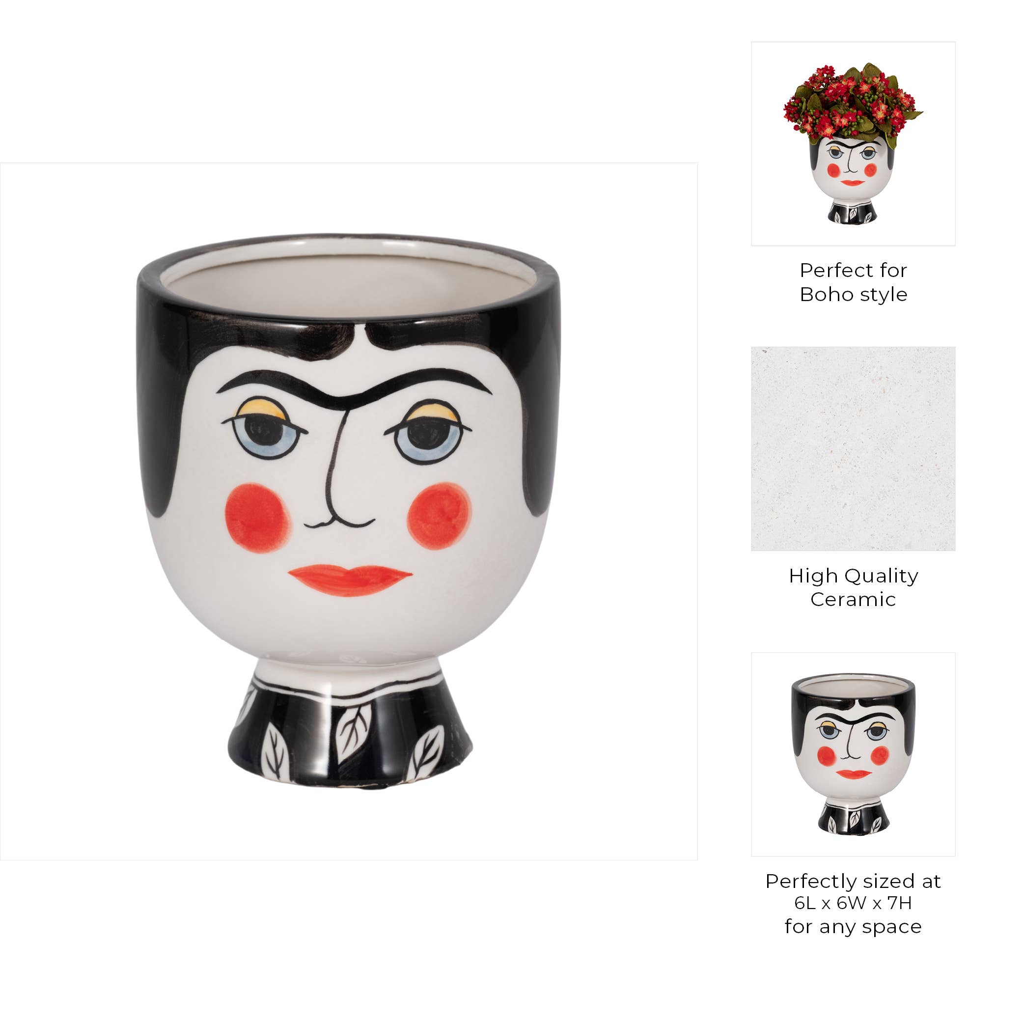 Sagebrook Home - Wholesale Plant Pot - Planter - Black Ceramic Decorative Frida Face Flower, 6 in.3