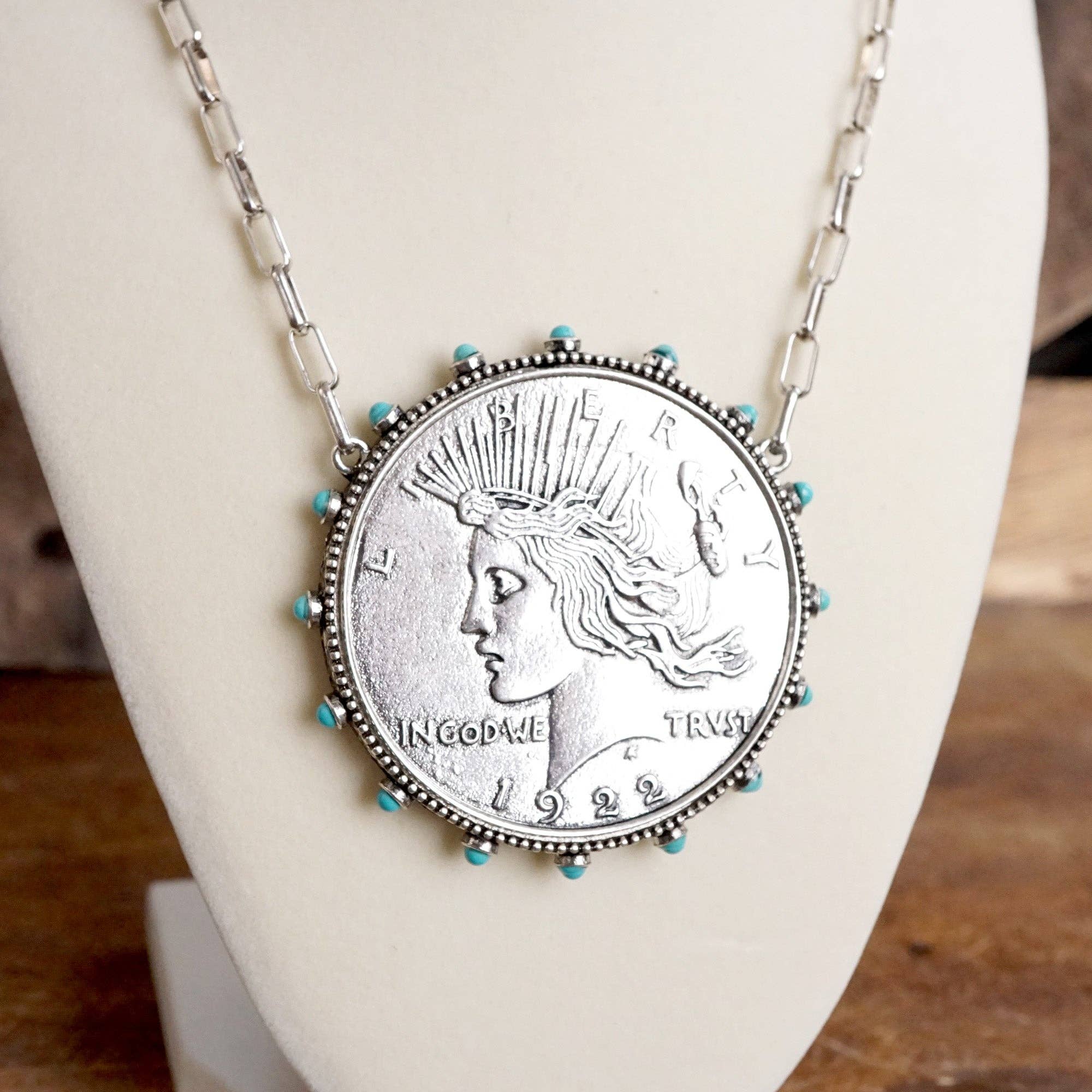PennyLine inc - Wholesale Pendant/Charm Necklace - Western Boho Coin Necklace Set with Turquoise Accents – Worn Silver Tone5