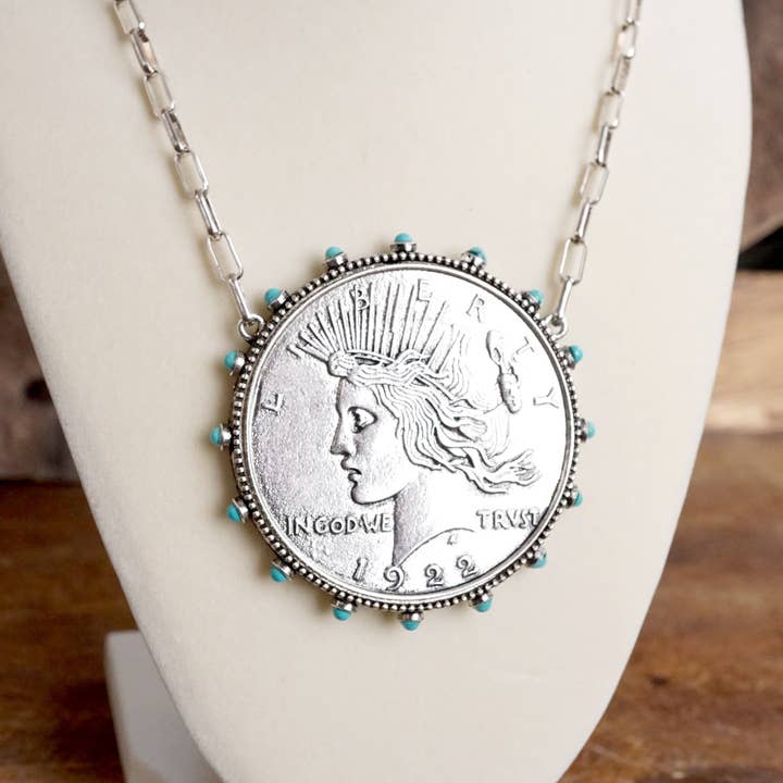 PennyLine inc - Wholesale Pendant/Charm Necklace - Western Boho Coin Necklace Set with Turquoise Accents – Worn Silver Tone5