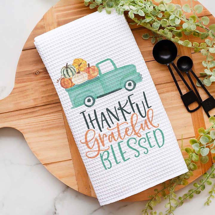 Canary Road - Wholesale Tea Towel - Thankful Fall Kitchen Towel, Blessed Pumpkin Dish Towel