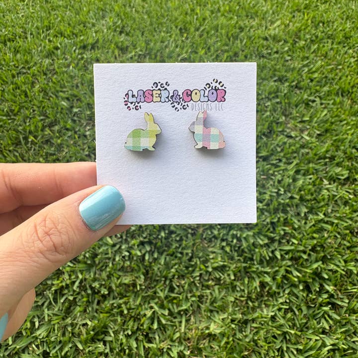 Laser & Color Designs LLC - Wholesale Stud/Post Earrings - Easter Earrings, Plaid Bunny Earrings, Spring Earrings1