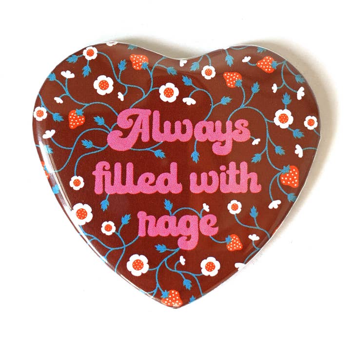 Always Filled With Rage Heart Shaped Pinback Button for wholesale by Krystan Saint Cat