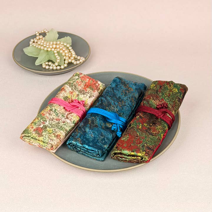 Abstract Pattern Brocade Jewelry Rolls, Travel Jewelry Pouch for wholesale by Cathayana