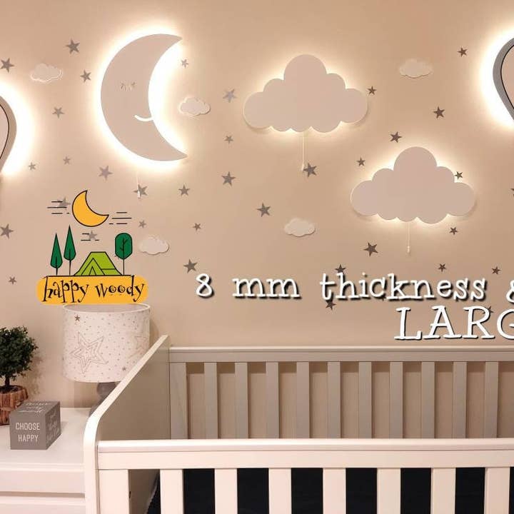 Set van 5 wandlampen voor kinderkamer/1 maan+2 wolken voor wholesale door Happy Woody