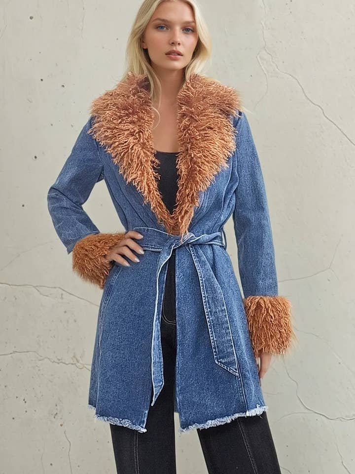 FAUX FUR DENIM COAT 6376JIA DENIM/TAN for wholesale by WISTERIA LANE