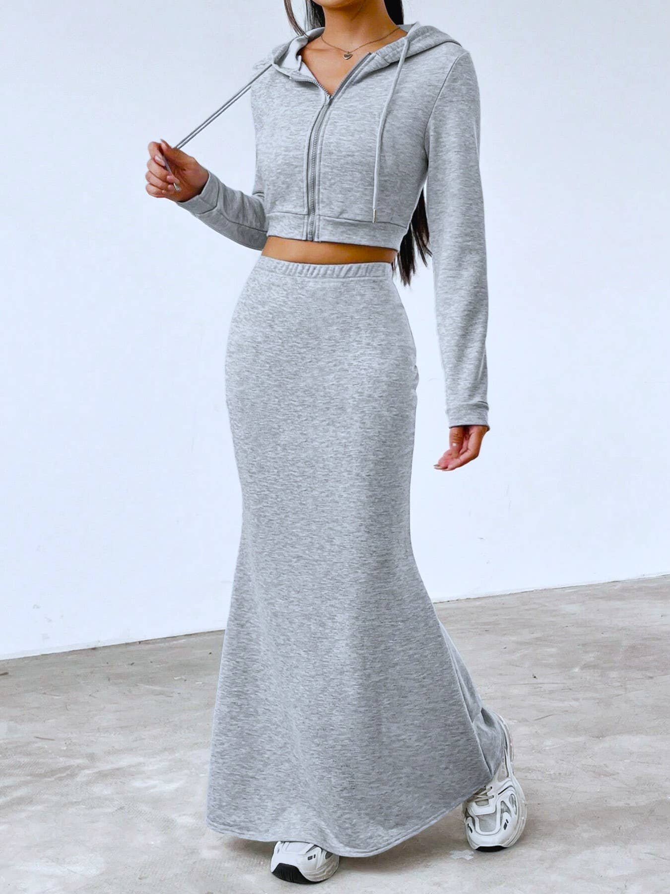Grey Stylish Hooded Sweatshirt With Hip Maxi Skirt Two-Piece Set for wholesale on Faire2