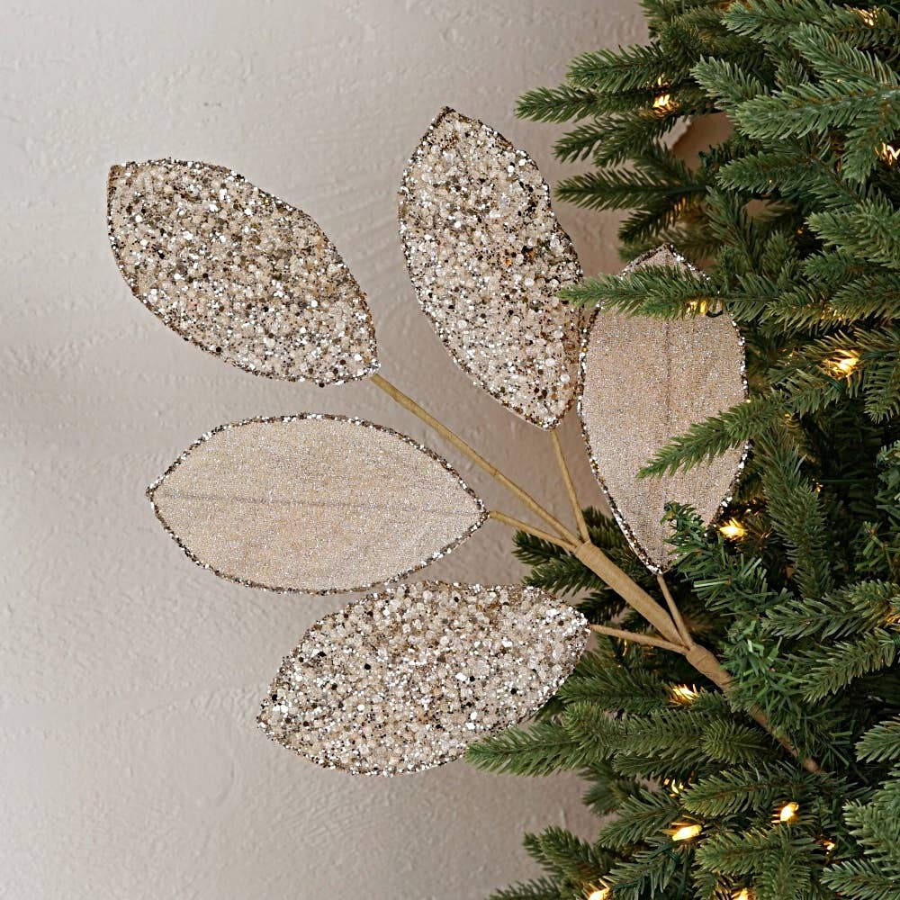 Holiday Depot Inc. - Wholesale Christmas Decoration - 32250-25in Spray-Beaded Metallic Magnolia Leaves x5-Champagn3