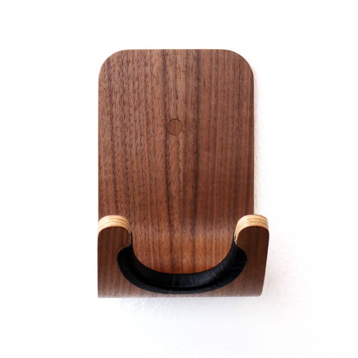 Standard guitar hook - walnut with black leather for wholesale by OneFortyThree