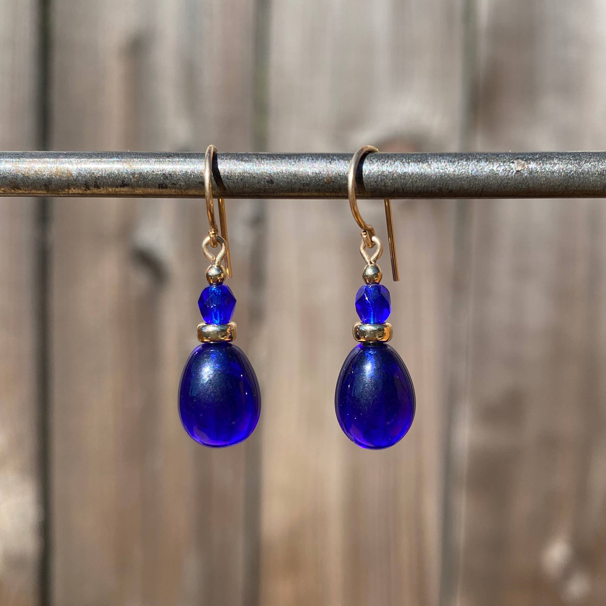 Owen Glass Collection - Wholesale Dangle Earrings - BANNERS 24 - COBALT GLASS EARRINGS, CZECH GLASS, GOLD