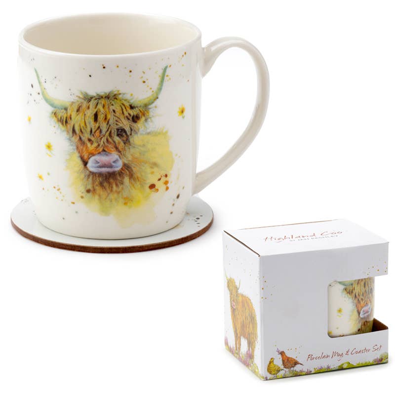 Puckator Ltd – Engroshandel Kaffekrus – Jan Pashley Highland Coo porcelænskrus og korkunderlag sæt0