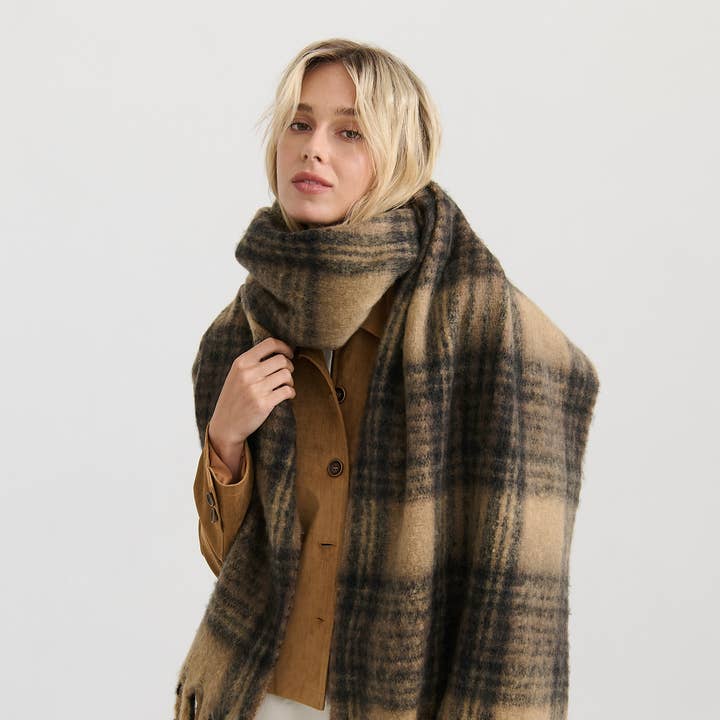 Angels Whisper Accessories - Wholesale Scarf - Women's - Alya Brown Plaid Winter Fluffy Scarf