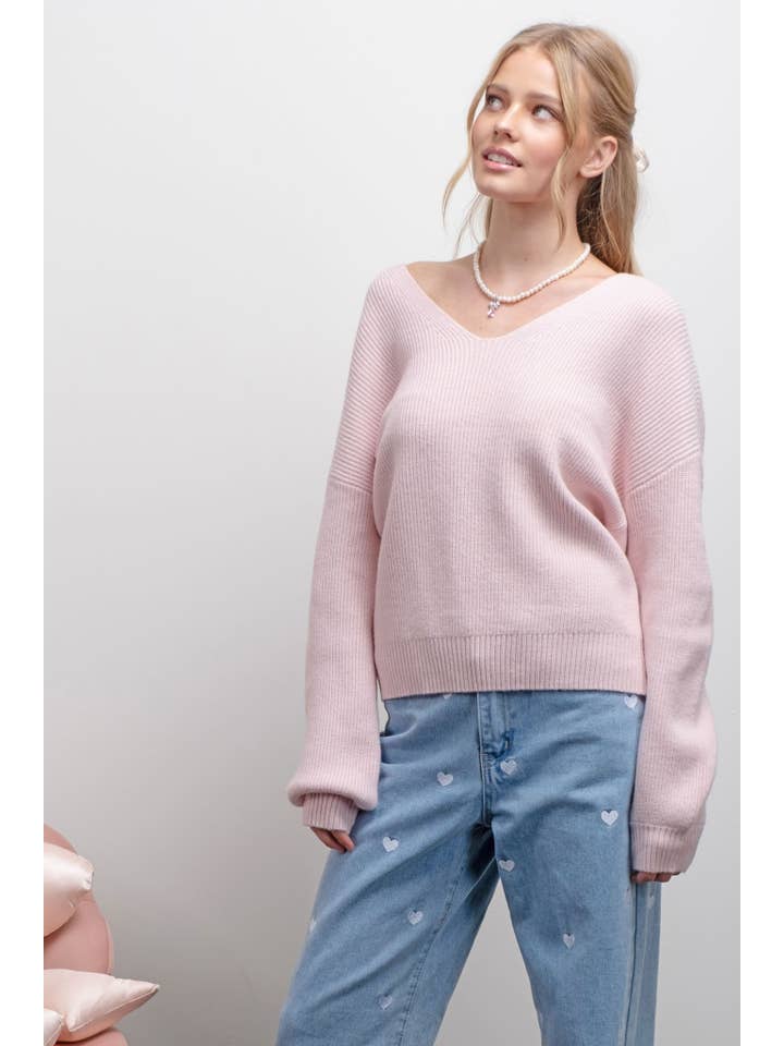 Blu Pepper - Wholesale Knit Sweater - Women's - V NECK DROP SHOULDER BACK BOW TIE DETAIL SWEATER