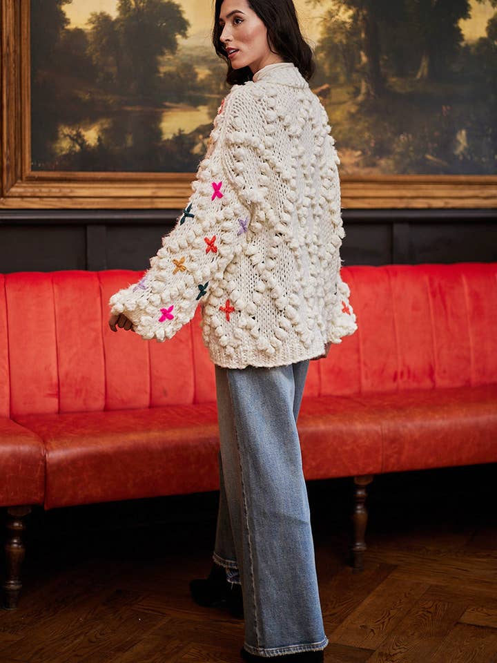 ANGELEYE - Wholesale Cardigan - Women's - Cream Oversized Cardigan With Rainbow Stitch Detail