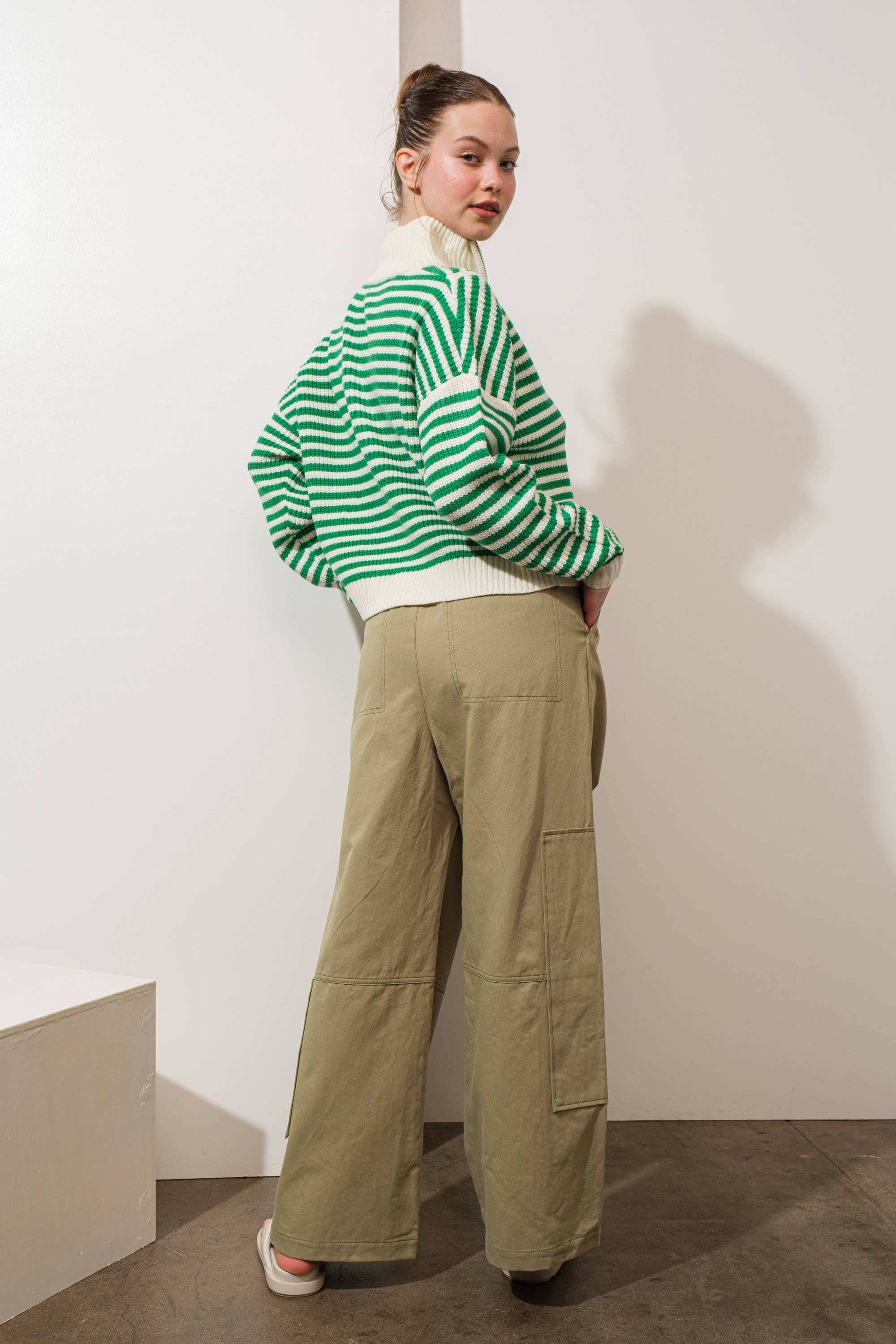 Creamon - Wholesale Knit Sweater - Women's - Preppy Californian Half-zip Striped Sweater-GREEN9