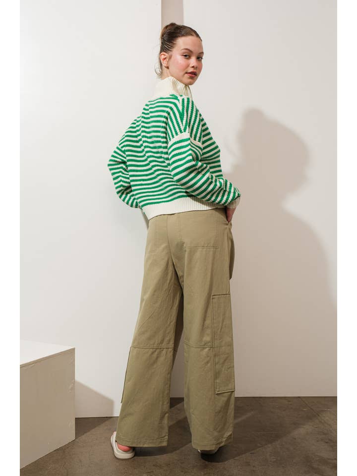 Creamon - Wholesale Knit Sweater - Women's - Preppy Californian Half-zip Striped Sweater-GREEN9