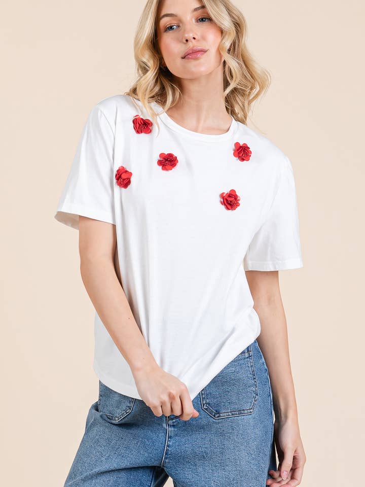 Ronde Hals T-Shirt met Bloemenapplicaties, MT50760 voor wholesale door GeeGee x Lovelo