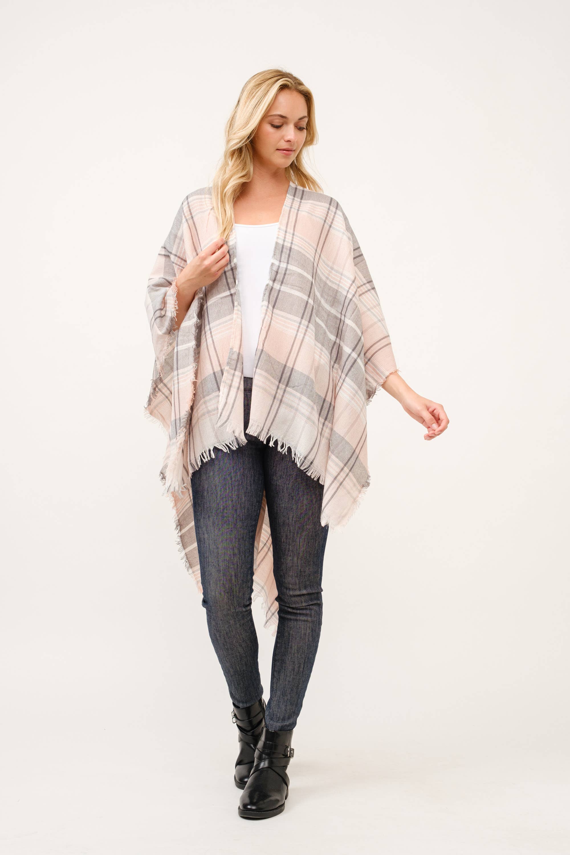 Raj Trading & Imports (USA) Inc. - Wholesale Kimono - Women's - Autumn Plaid Fringe Poncho Kimono Ruana