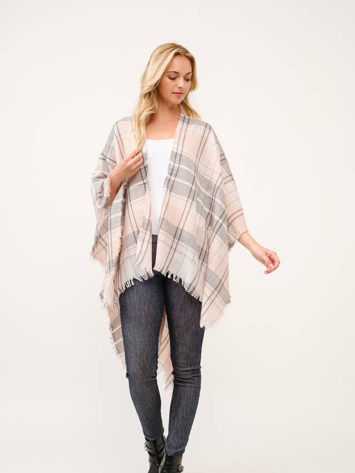 Raj Trading & Imports (USA) Inc. - Wholesale Kimono - Women's - Autumn Plaid Fringe Poncho Kimono Ruana0