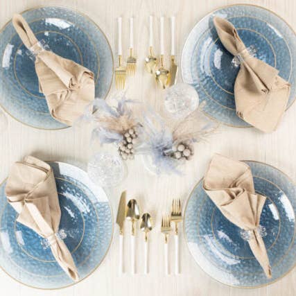 Posh Setting - Wholesale Disposable Plate - 32 Piece Combo Blue/Gold Hammered Round Plastic Dinnerware Set (16 Servings) - Organic Hammered1