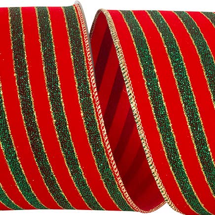 Glitter Stripe Velvet Wired Edge, Red/green, 4 In, 10 Yards for wholesale by RELIANT RIBBON