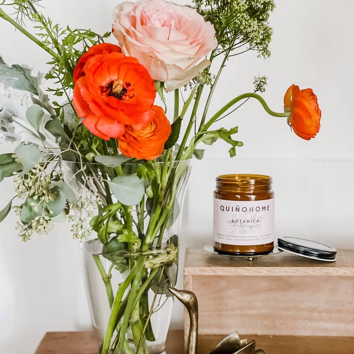 quiñohome - Wholesale Jar/Filled Candle - Botanica 7oz Soy Candle Jar// Rose, Green Florals, Lilies// Hand Poured Soy Wax// Rose Candle// Non Toxic Candle// Amber Jar Candle1