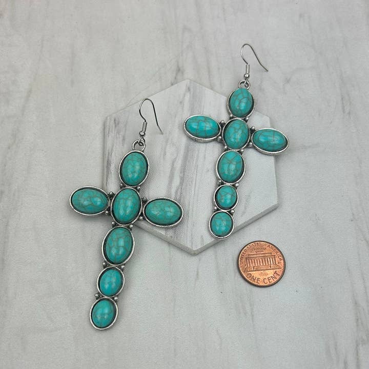 ER250607-01              Silver metal with blue turquoise stone cross Earrings for wholesale by Western Elite Jewelry