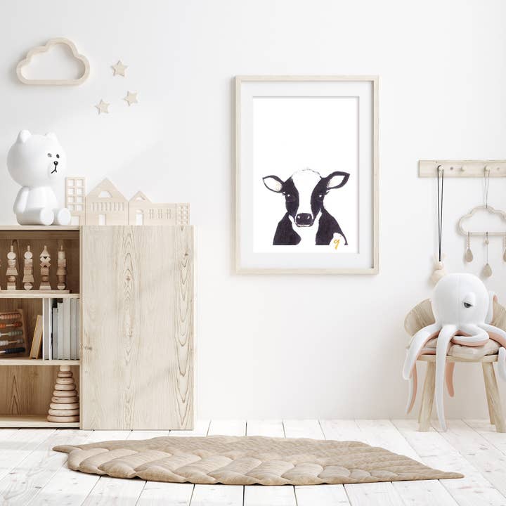 Sort og hvid ko børnehave Print | Artwork for engroshandel hos claire jordan designs