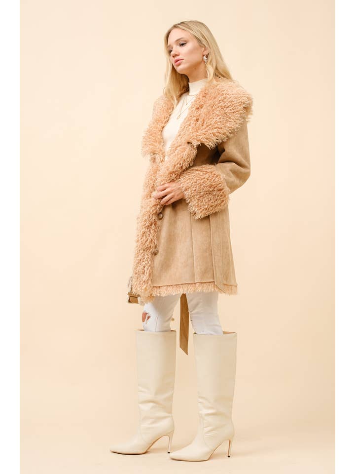 TAN 36235J - Mid Length Fur Belted Coat for wholesale on Faire