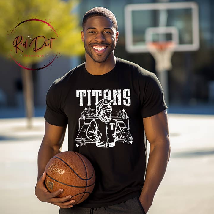 Red Dirt Transfers - Wholesale T-Shirt (Graphic) - Men's - Titans Basketball Letterman T-Shirt | Trendy School Spirit Shirt | Fast Shipping | Super Soft Shirts for Men/Women/Kid's
