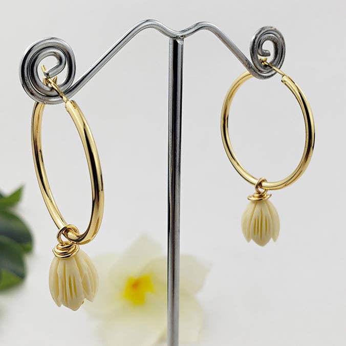 Circle Earrings With A Ivory Pikake for wholesale by S&T Collections