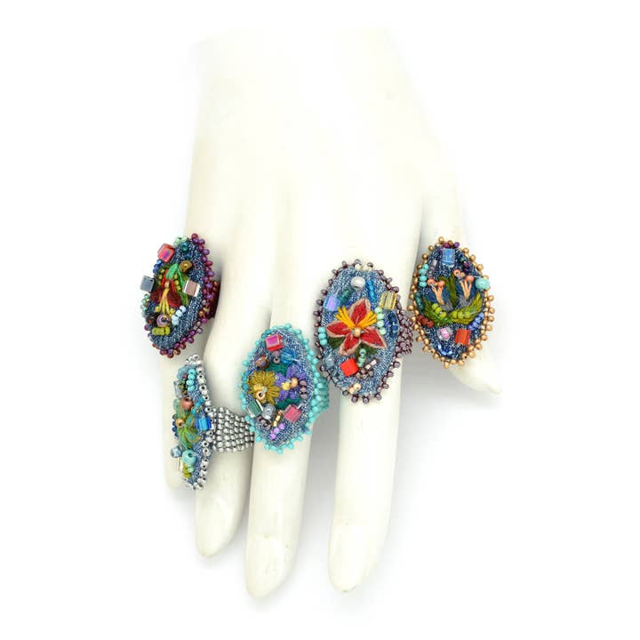 Beaded & Embroidered Flower Frida Rings for wholesale by Dunitz & Company