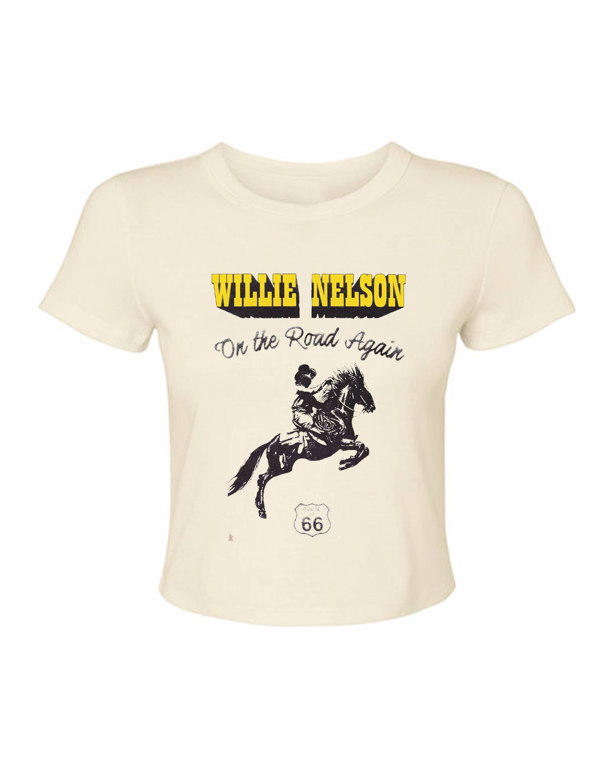 LivyLu - Wholesale Screen Printed T-Shirt - Women's - Willie Nelson Route 66 Off White Licensed Micro Cropped Tee4