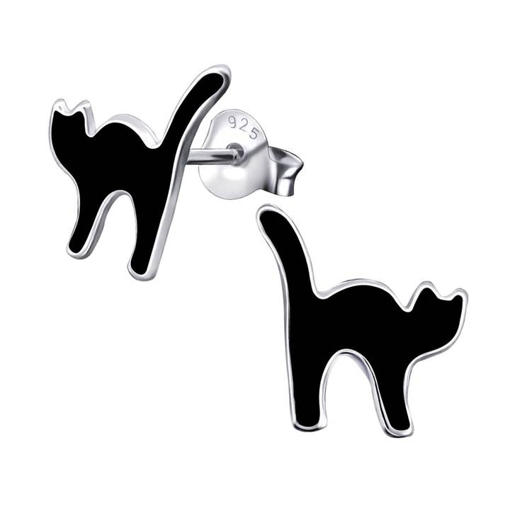Clous d'oreilles en forme de chat noir en argent sterling 925 pour la vente par Moonrise Jewelry