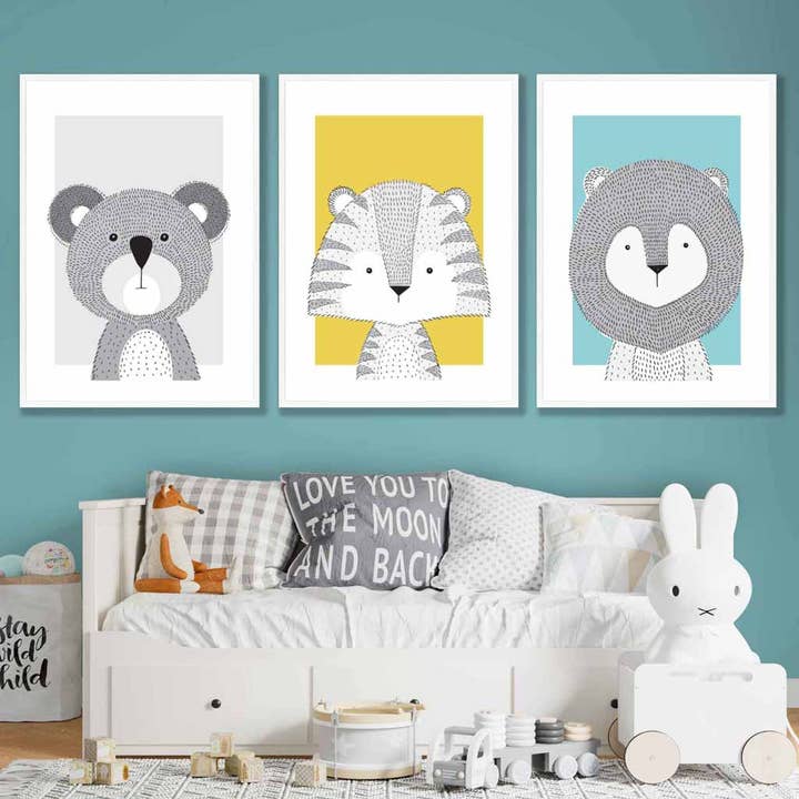 Jungle Animals Nursery Set of 3 Scandinavian Prints Sketch Style Blue Yellow Grey for wholesale by Artze Wall Art