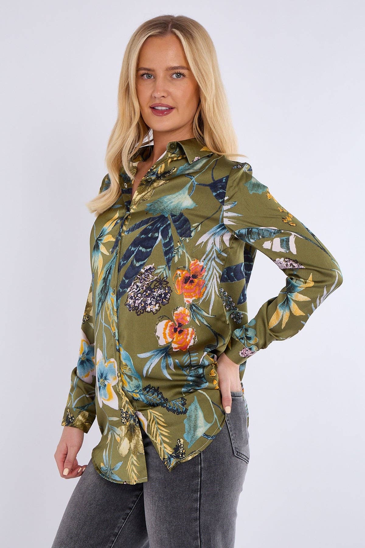 green Olive Floral Print Bubble Satin Shirt for wholesale on Faire2