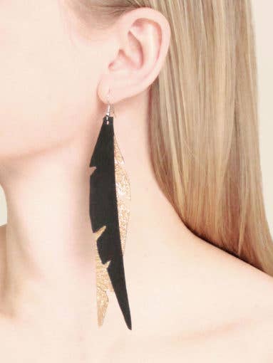 Feathers Glam Gold-Black Leather Dangle Earrings for wholesale by Viaminnet