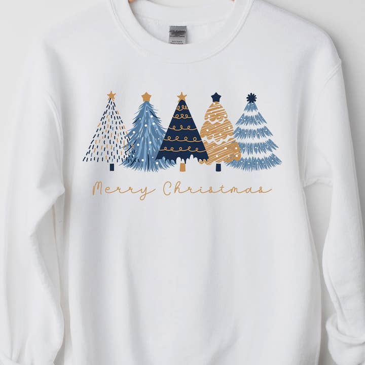 Chandails à manches longues en forme de sapin de Noël bleus et dorés pour la vente par Kissed Apparel