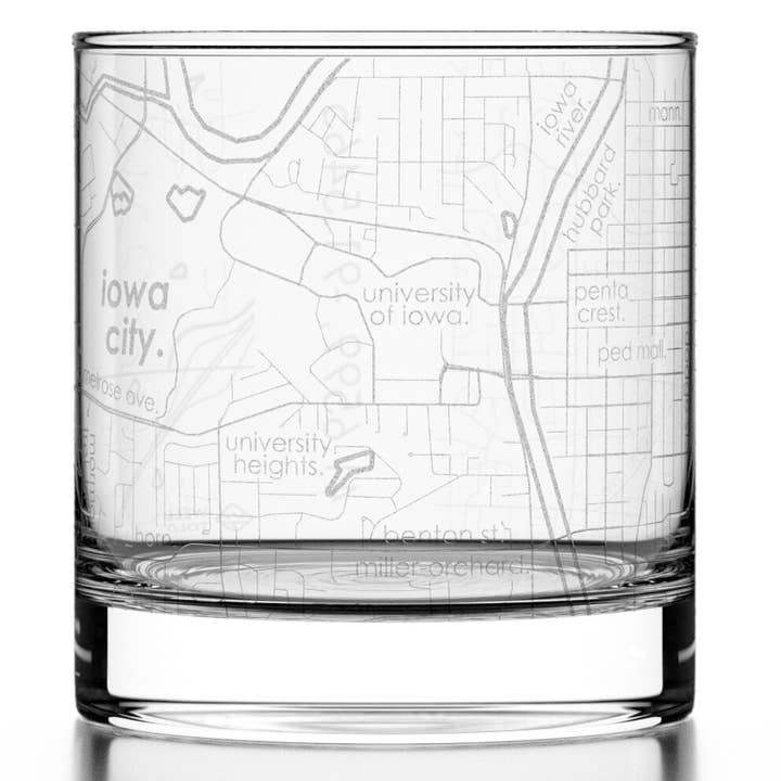 Iowa City, IA City Map - Etched Whiskey Rocks Glass for wholesale by Well Told