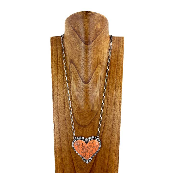 NKS230416-44 « Collier en forme de cœur en pierre orange de 26 pouces avec chaîne en métal argenté en forme de trombone » pour la vente par Western Elite Jewelry