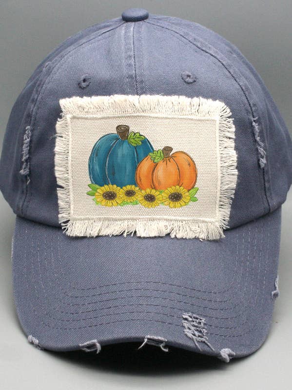 Fall Hat Blue Orange Pumpkins Sunflowers 266224 for wholesale by Cali Boutique Wholesale